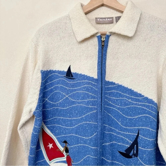 TANJAY Womens Medium Petite Sailboat Vintage Nautical Lady Embroidered Cardigan - Picture 8 of 16